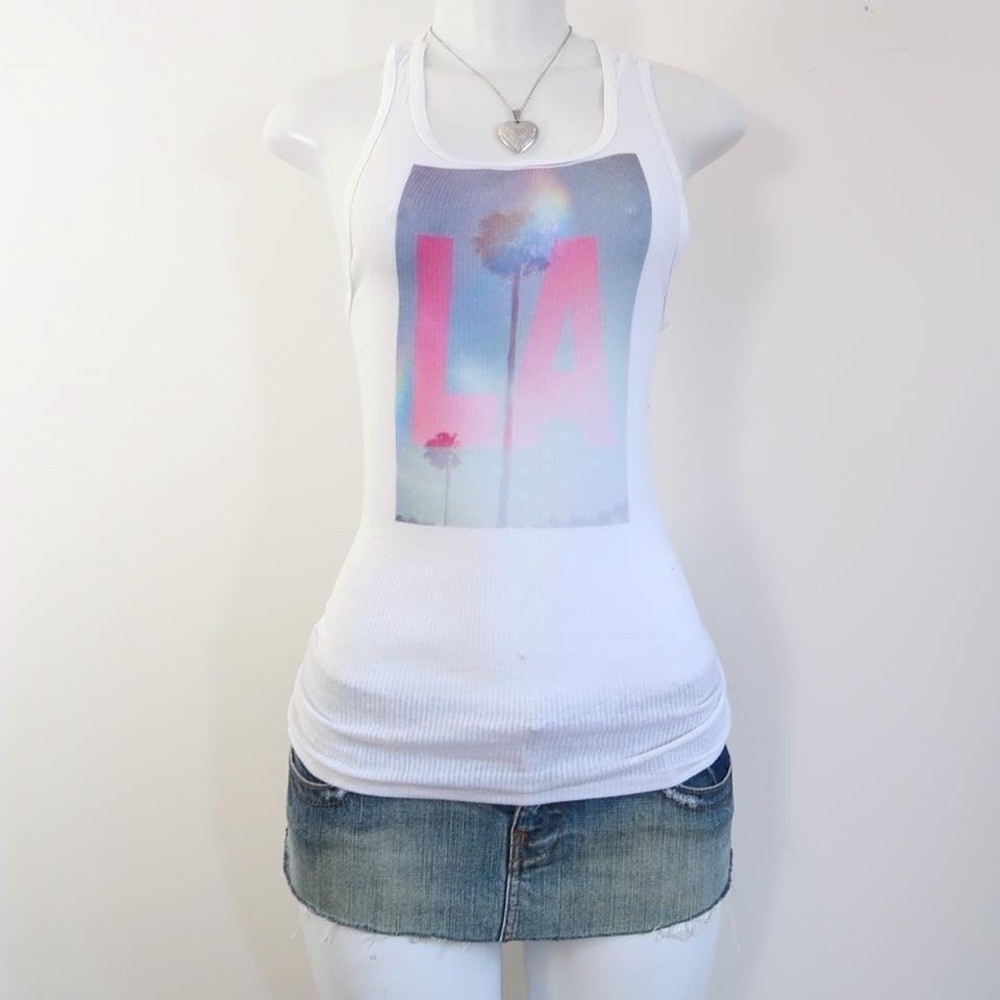 y2k la palm tree graphic ribbed tank pink la dreamscape